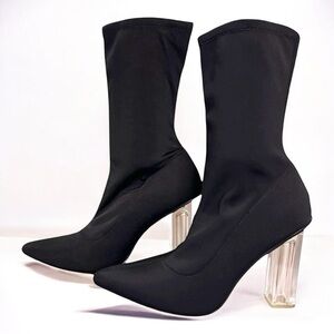 MACKINJ Black Stretch Sock Boots With Clear Block Heels Size 11